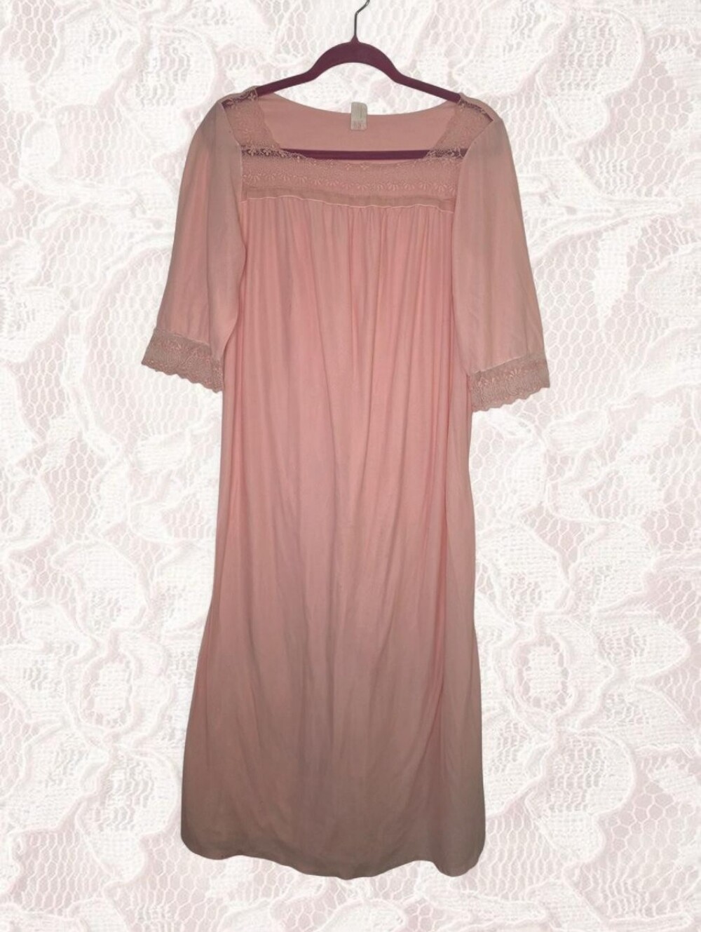 Vintage 70s Sears Pink Lace Trim Union Made Nightgown M/L